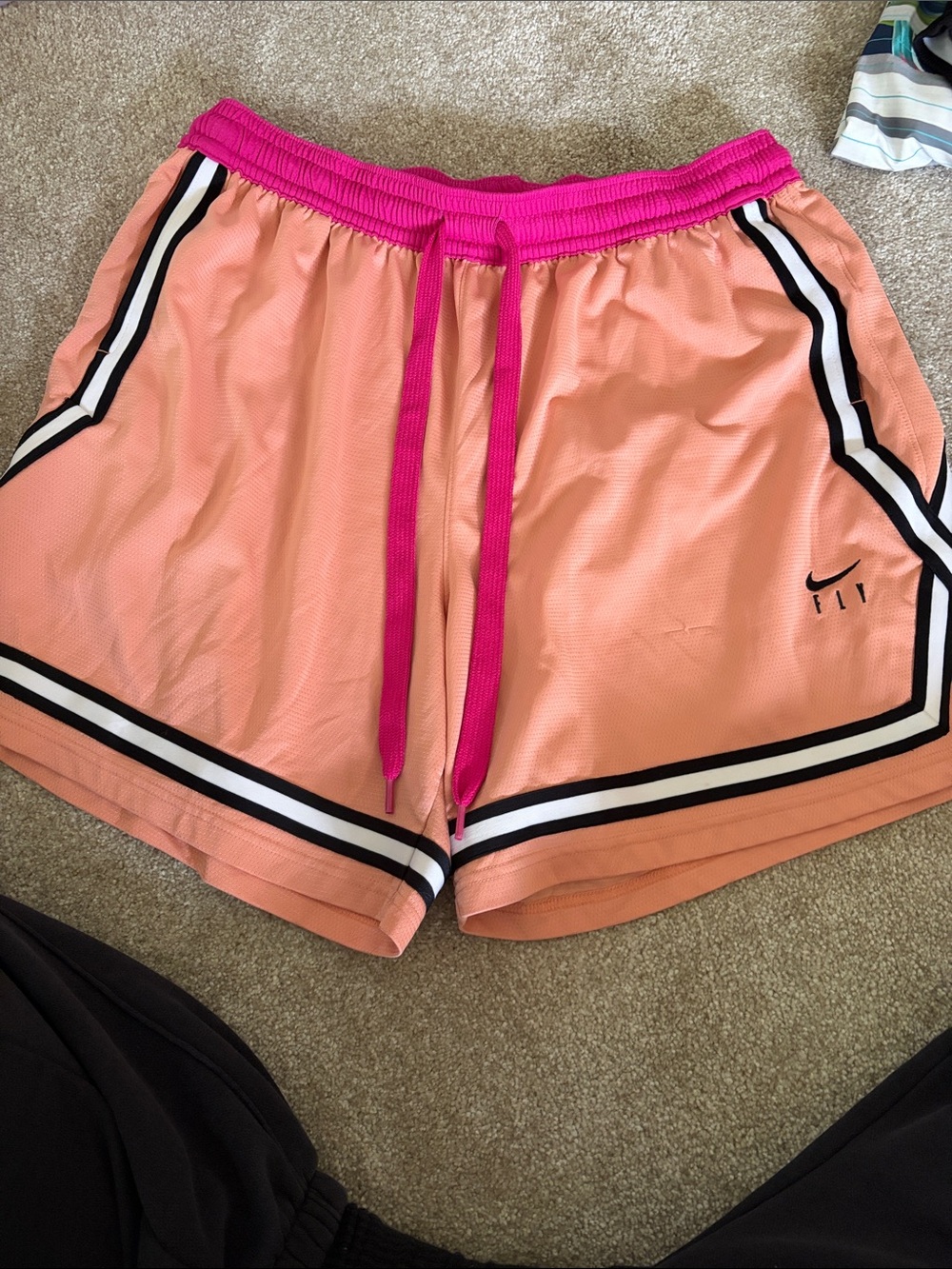Nike Women's Peach Athletic Shorts with Hot Pink Waistband and Black-White Trim